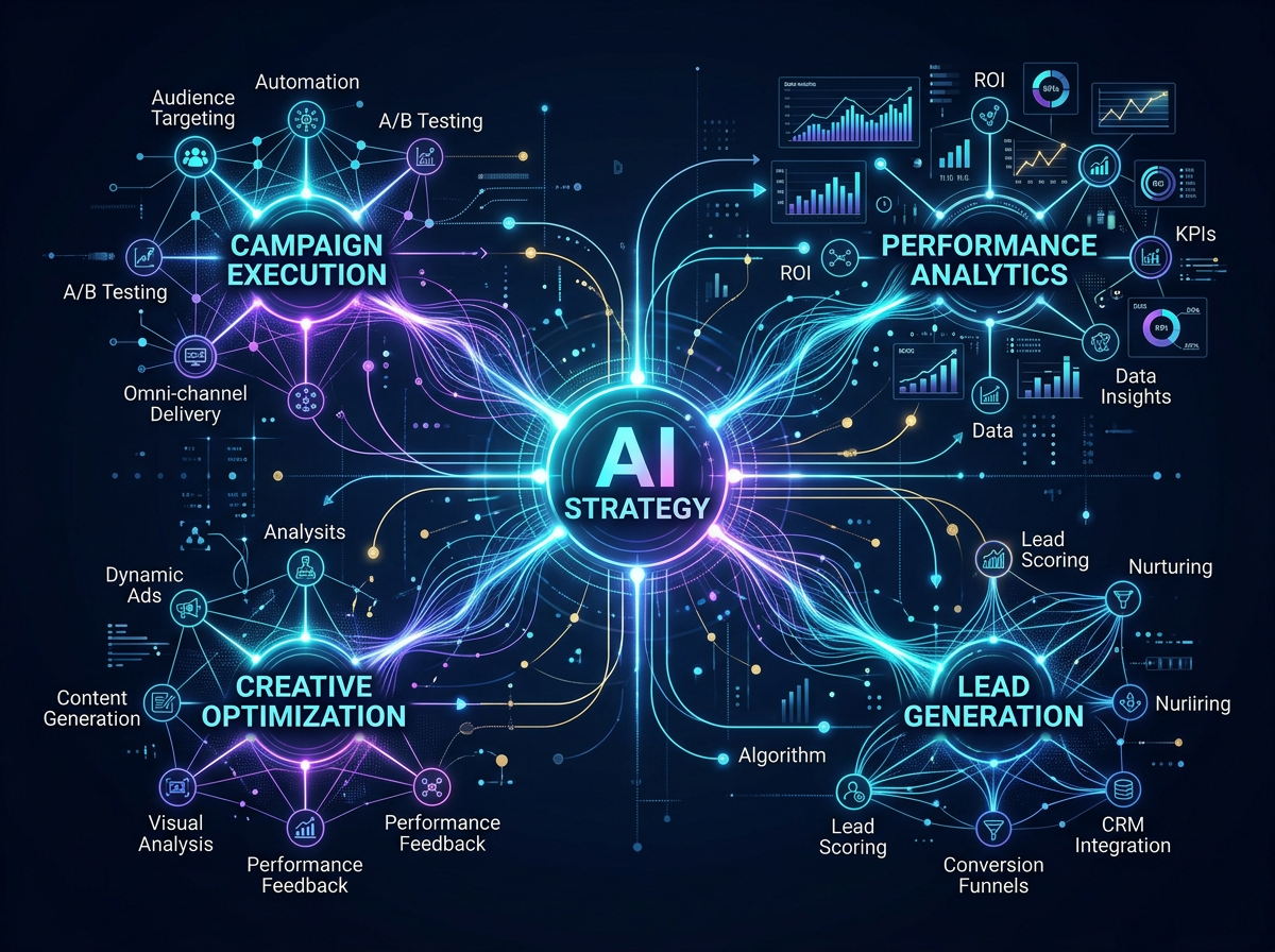 Diagram of AI marketing strategy connecting to execution and optimization